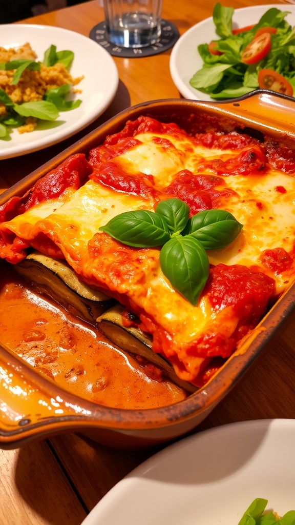 Golden-baked lasagna alla Norma with layers of cheese, tomato sauce, and eggplant, served with fresh basil.